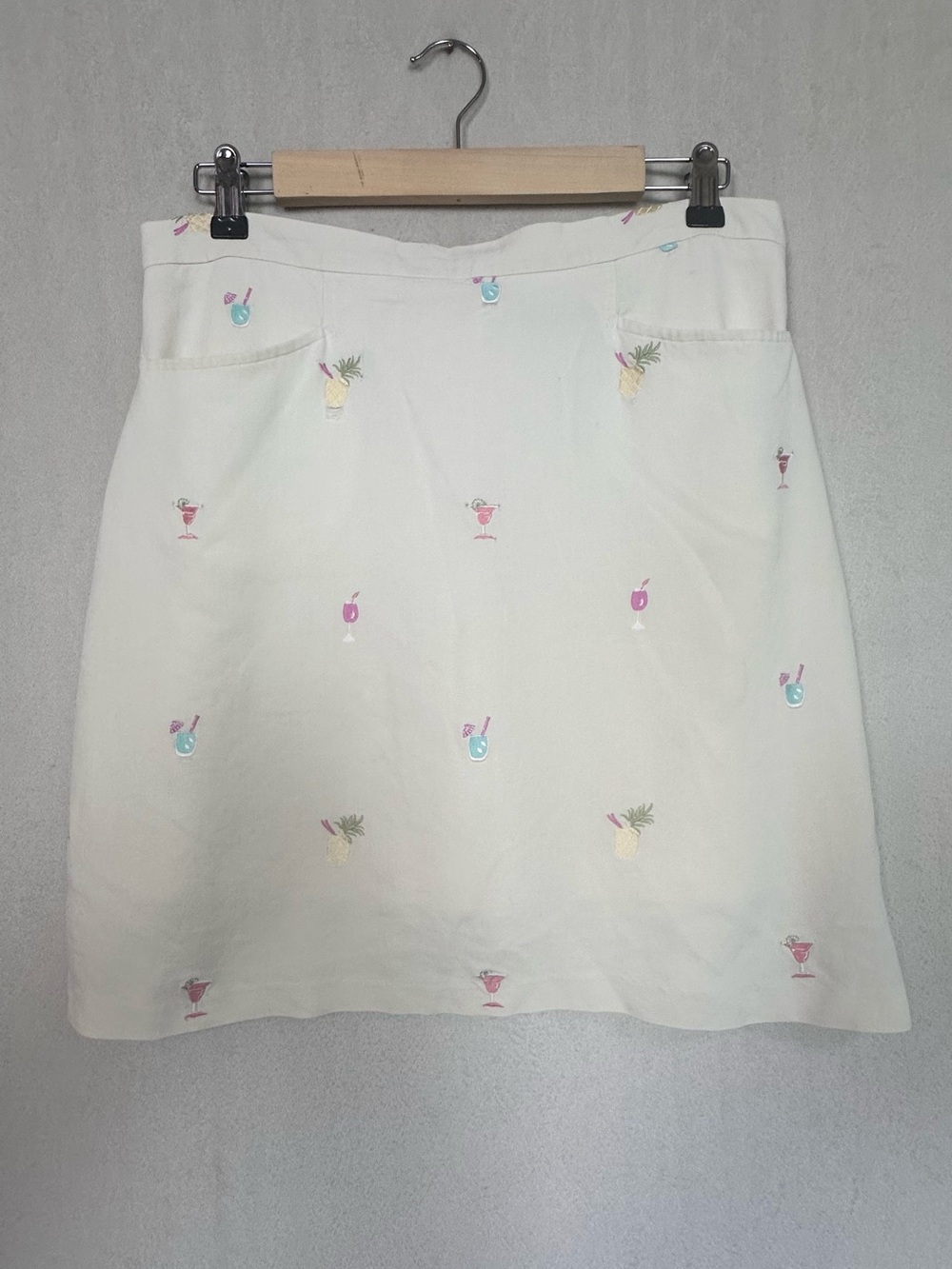 Bobby Chan Cream Embroidered Tropical Cocktail Drinks Mini Skirt Sz 12 Pockets